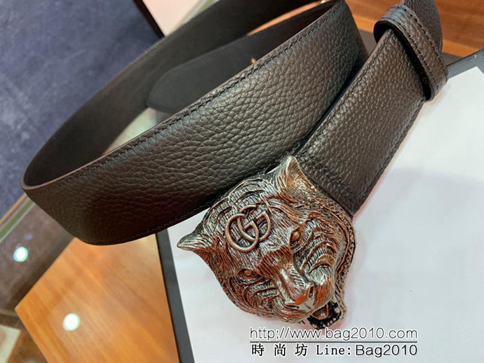 GUCCI古馳 官網爆款 正品規格 原單品質 進口荔枝紋 古金老虎扣頭 男士皮帶  xfp1320